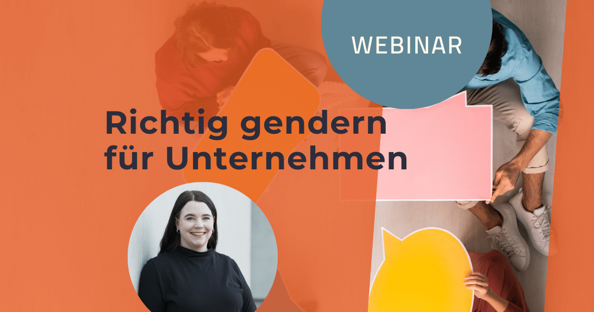 Text Webinar Richtig gendern für Unternehmen mit Porträtfoto von einer Frau, im Hintergrund bunte Sprechblasen