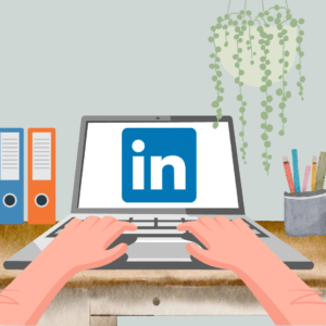 Laptop mit LinkedIn-Icon, an dem jemand tippt