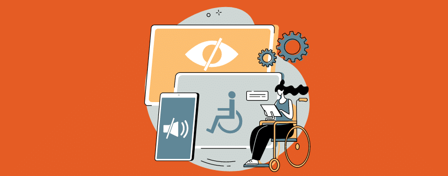 Auf orangem Hintergrund sind verschiedene digitale Benutzeroberflächen zu sehen, davor ist eine Grafik einer Frau im Rollstuhl, die einen Bildschirm bedient.