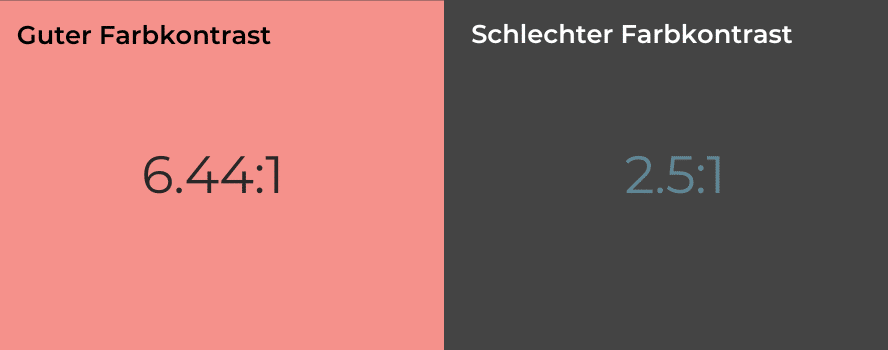 Links steht die Überschruft "Guter Farbkontrast", dort ist schwarze Schrift auf rosa Hintergrund zu sehen. In der rechten Hälfte steht "Schlechter Farbkontrast", dort ist hellblaue Schruft auf braunem Hintergrund zu sehen.